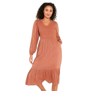 Old Navy Warm Hickory Smocked Prairie Midi Dress Puff Sleeve Boho Sz M